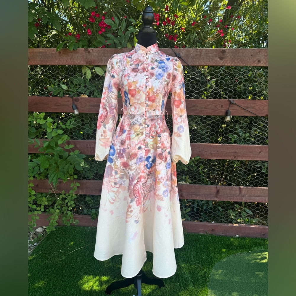 Commense Cream Floral Long Sleeve Midi Dress-NO BELT